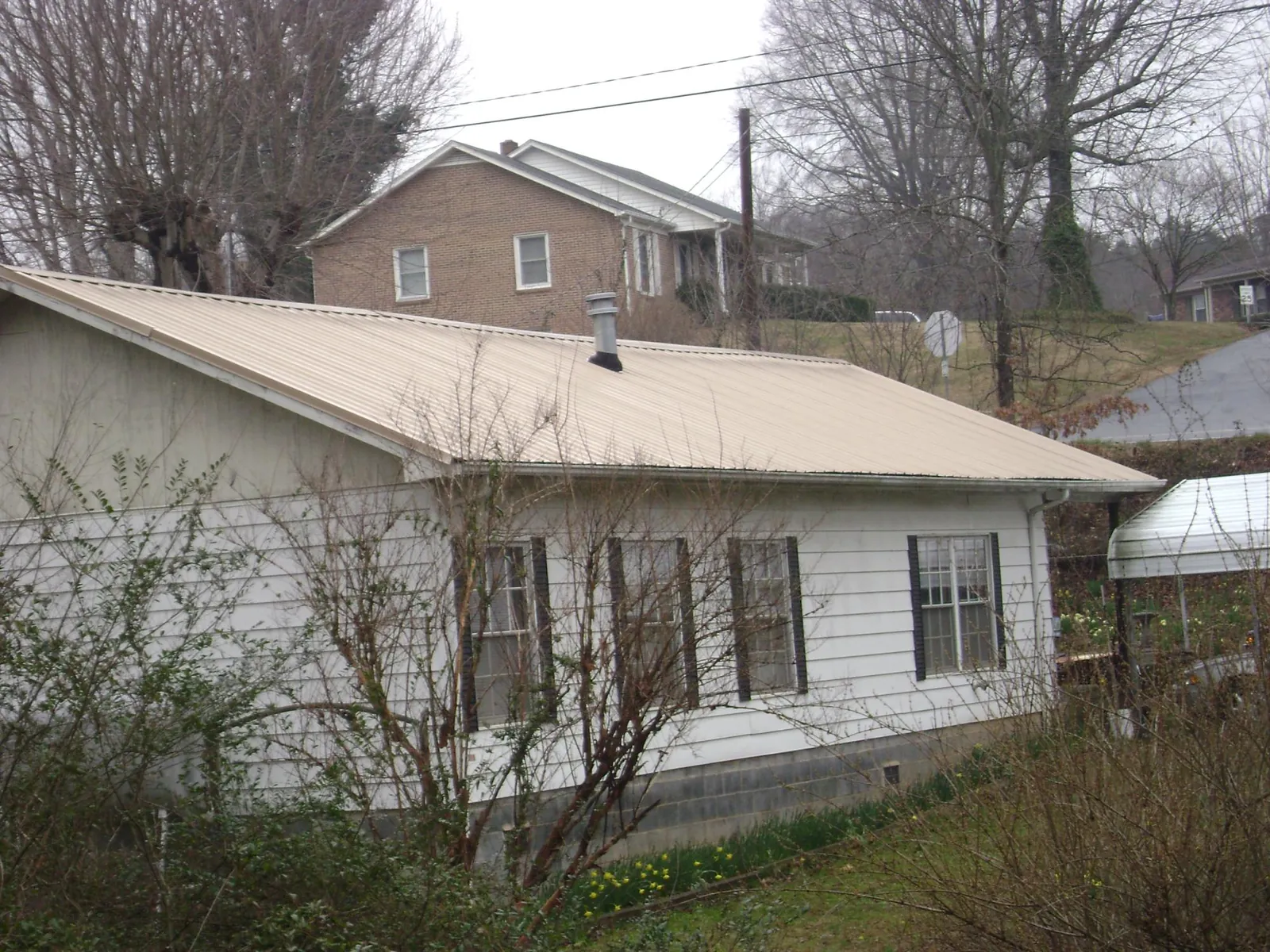 Tan metal roof on a white sided house set into a hillside in Dover AFB